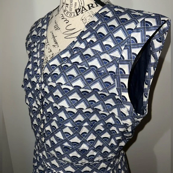Authentic Tory Burch Blue White Geometric Print Sleeveless Pleated Dress Size 10 - Picture 5 of 13